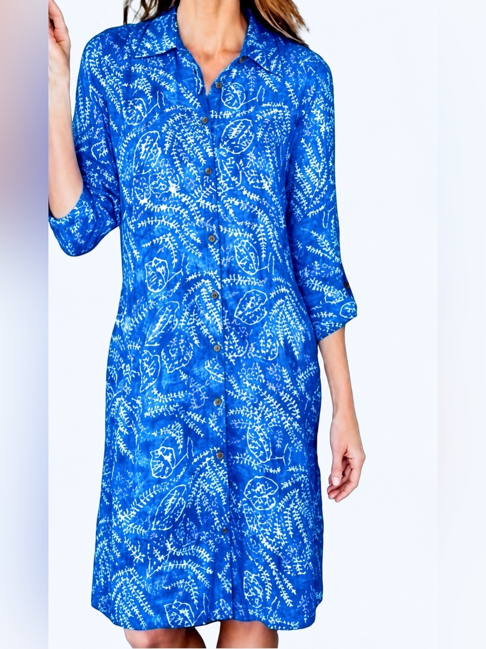Soft Surroundings Blue Leaf Print Rayon Shirt Dress Duster Roll Tab Sleeve Sz. M